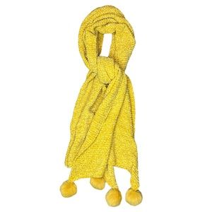 Knitted Mustard Yellow Soft Woven Yarn Boutique Scarf with Four Fuzzy Pom Poms